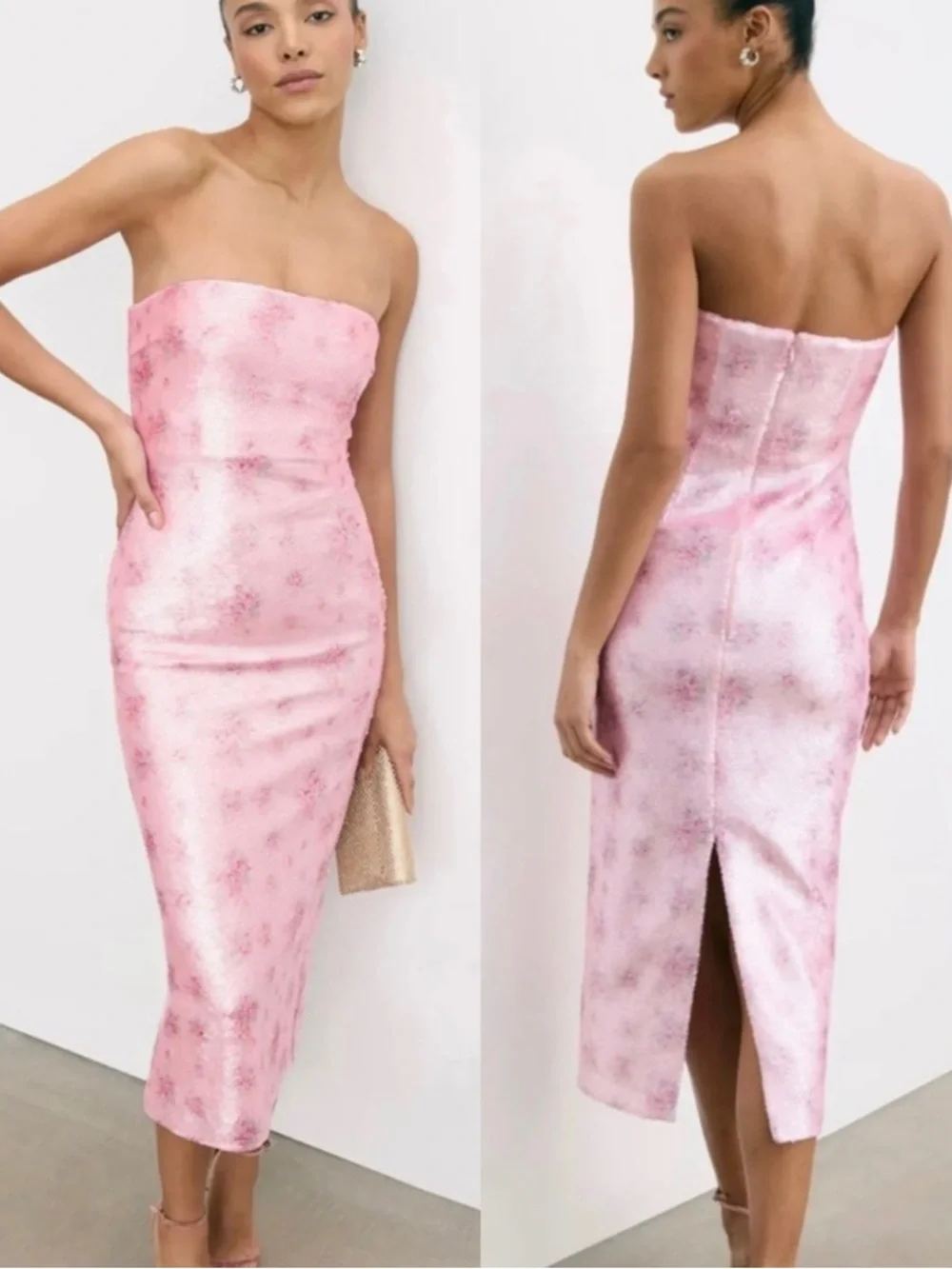 LoveShackFancy Stasia Sequin Floral Strapless Pink Cocktail Midi Dress NEW - Picture 1 of 15